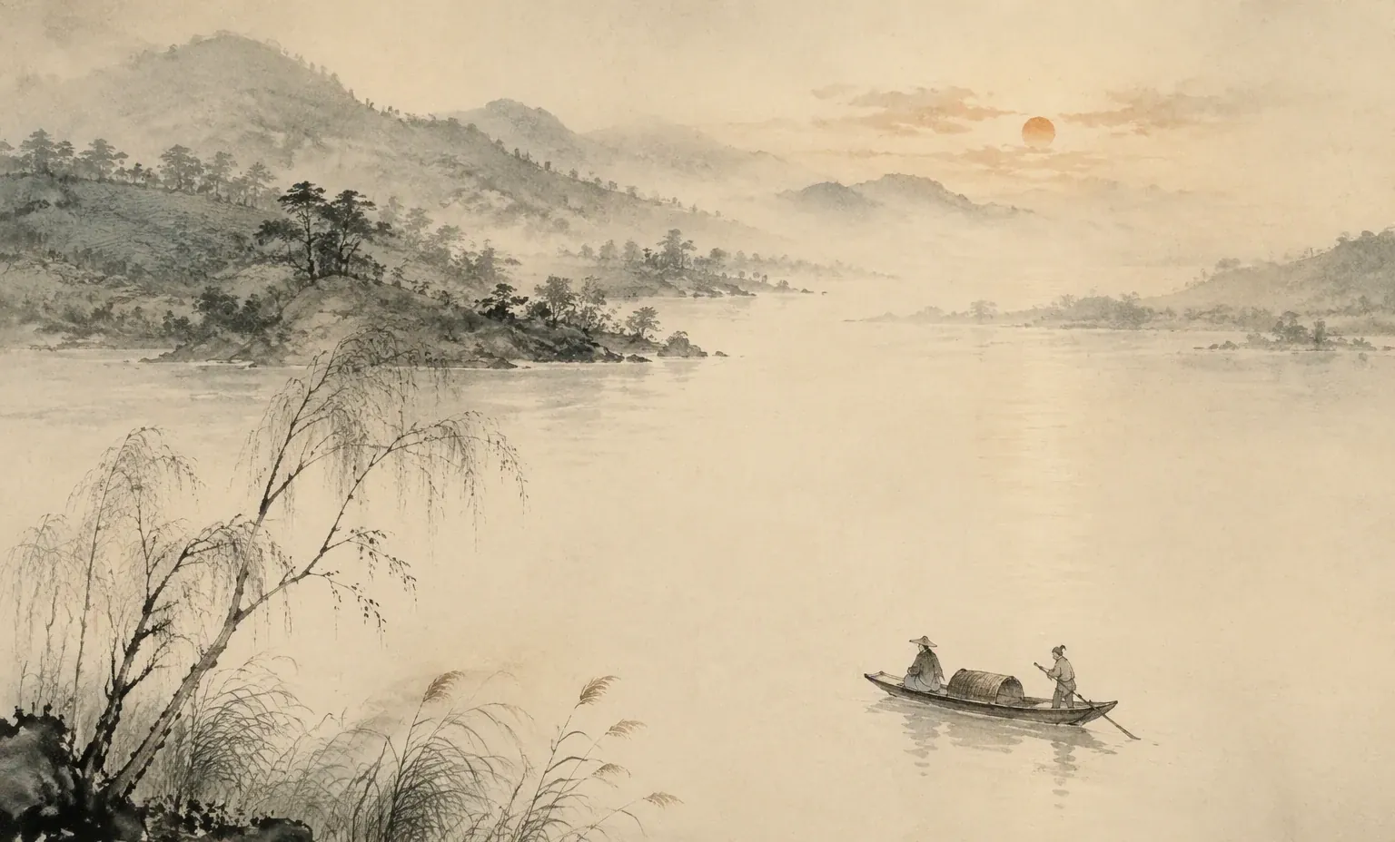 夕照下，旅人乘一葉小舟渡過平靜溪水，回望淡青茶山