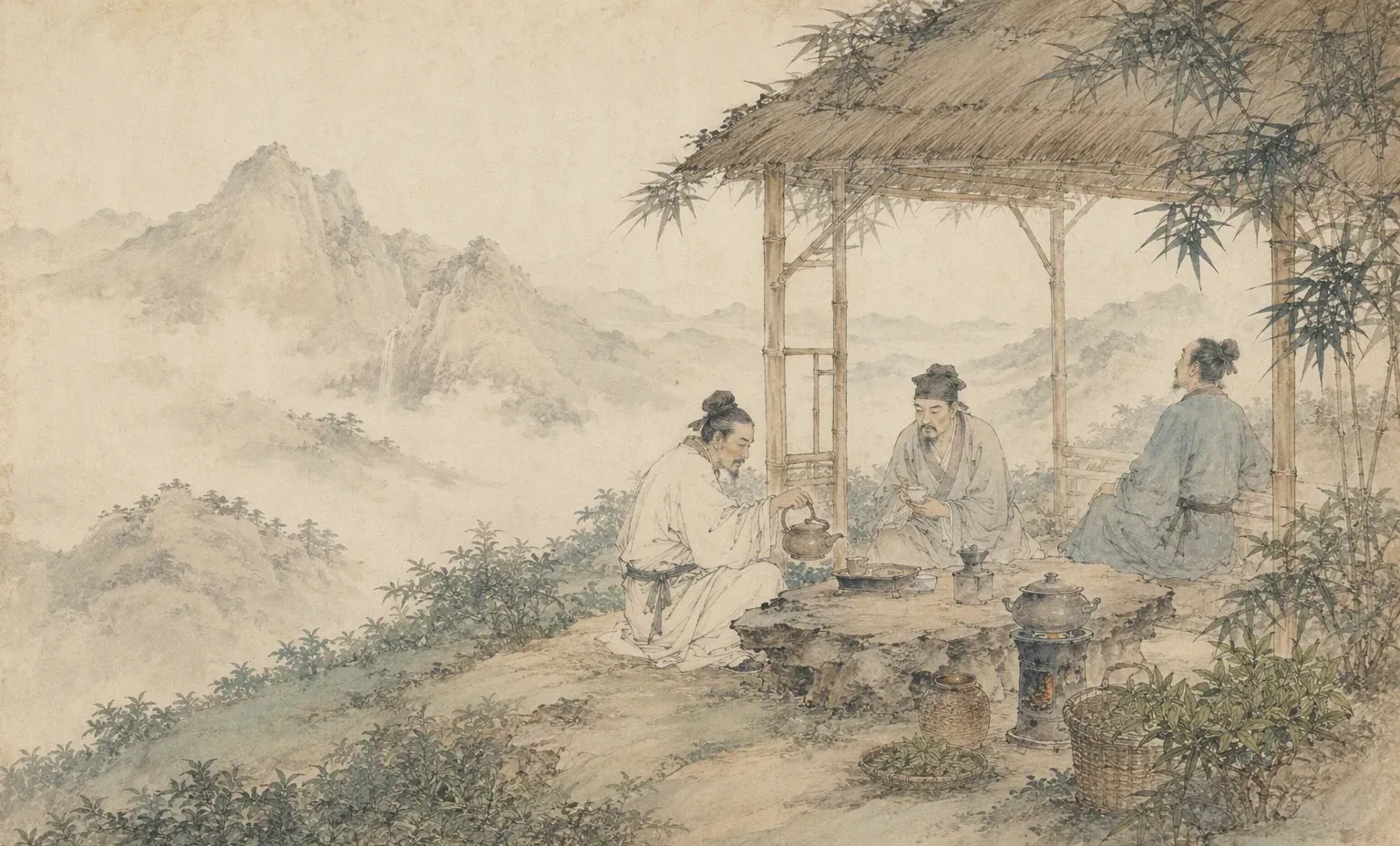 竹亭內，覺照、沈鶴汀與旅人圍石桌煮泉品茗